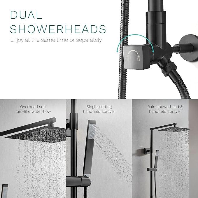 Fennocasa Polaris Lux Rain Shower System, includes 10” Square Rainfall Shower Head and Handheld Shower Combo, Height Adjustable Spray Holder, Retrofit, 60” Hose (2.5 GPM Matte Black) - ModernBath