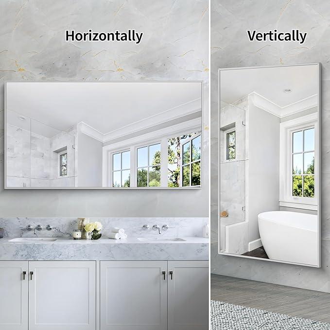 COFENY 30x55In Silver Bathroom Mirror for Wall, Brushed Nickel Rectangle Mirrors with Metal Frame, Bathroom Rectangular Mirror Modern Wall Mirror for Bedroom Living Room, Hangs Horizontal or Vertical - ModernBath