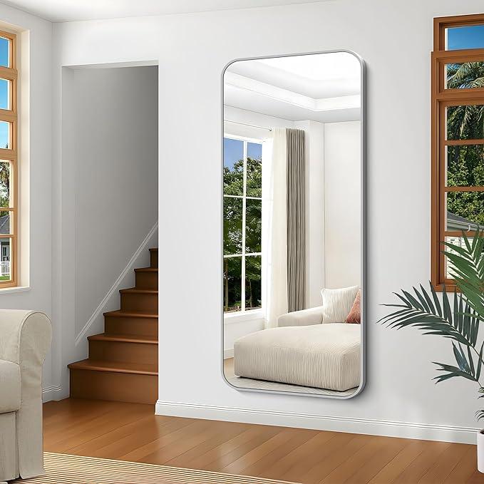 CIVENO Silver Bathroom Mirror, 72 x 30 Inch Large Rectangle Mirror, Rectangular Vanity Mirror Aluminum Metal Frame, Rounded Corner Wall Mirror for Living Room Bedroom Entryway Horizontal/Vertical - ModernBath