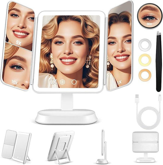GOMIPURU Vanity Mirror with Lights, Lighted Makeup Mirror with 30X/10X/5X Magnification, Rechargeable Trifold Mirror with 3 Color & Adjustable Brightness, Travel Makeup Mirror with Lights for Desk - ModernBath
