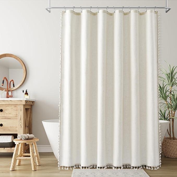 Nanspring Cream Boho Linen Shower Curtain 78 Inch Modern Vintage Country Bathroom Decor Shower Curtain Set with Hooks 78 Inch Length Tassel Design Water Repellent Neutral Bath Curtain 72x78, Natural - ModernBath
