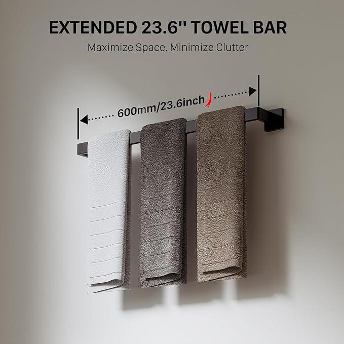 5-Piece 23.6 Inch Matte Black Bathroom Accessories Set, Bathroom Hardware Set, SUS304 Stainless Steel Bath Towel Bar Set, Toilet Paper Holder with Shelf, Towel Hooks, Towel Ring Wall Mounted - ModernBath