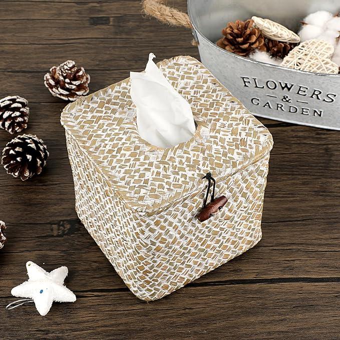 Sumnacon Tissue Box Cover Square Seagrass Tissue Box with Lid, Woven Tissue Box Holder Rustic Cube Tissue Cover for Bathroom Toilet Bedroom Living Room Kitchen Table Desk Office Car, Whitewash - ModernBath
