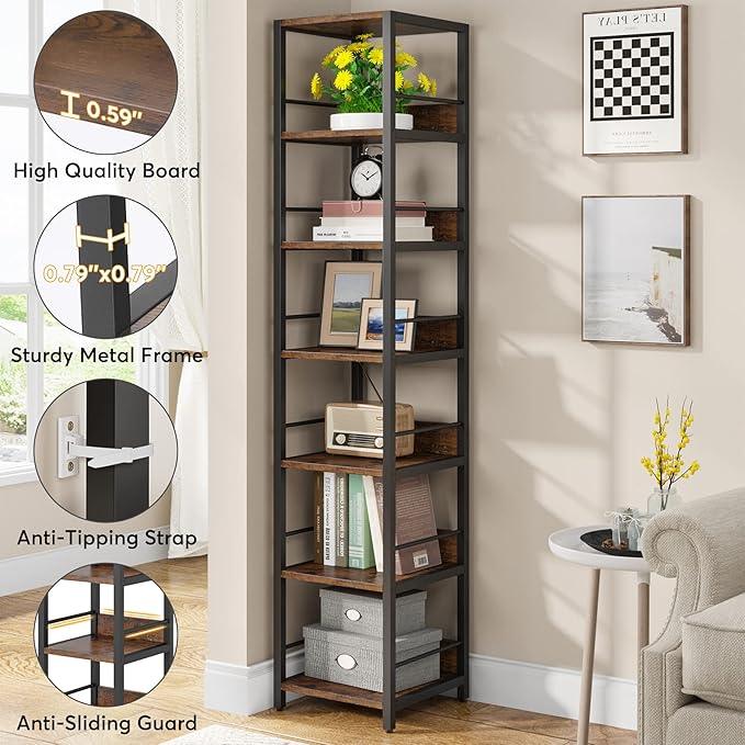 Tribesigns 6-Tier Corner Shelf, 75 Inch Tall Narrow Bookshelf Storage Rack, Etagere Shelves Display Stand for Small Spaces, Rustic Open Bookcase Square Shelf Tower for Living Room Bathroom - ModernBath