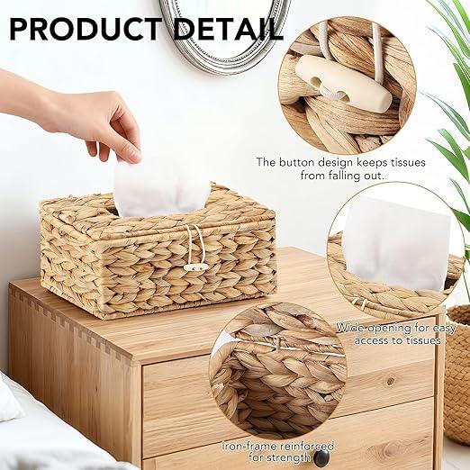 Wicker Trash Can & Tissue Box Cover Rectangular, Handwoven Waterproof Waste Basket with Handles, Rattan Wicker Home Set for Bedroom, Bathroom, Kitchen, Office, Balcony (Rectangular Tissue Box) - ModernBath