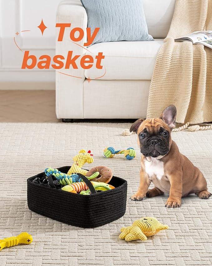 Small Woven Basket, 13.5 x 9.5 x 5 Inches, Storage Basket for Organizing, Cute Small Rope Shelf Closet Cube Storage Bins Baskets for Shelves, Dog Toy Gift Baskets Empty, 3 Packs, Black - ModernBath