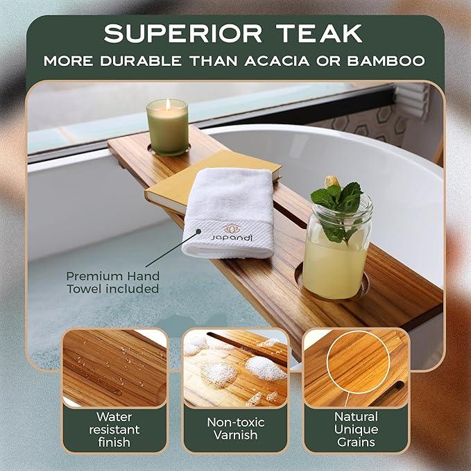 Fjord | Superior Teak Bathtub Tray Wood 29" for Small Tubs | Adjustable Wooden Bathtub Caddy | Sustainable Minimalist Bath Table Tray for Home Spa | by JapandiSpirit - ModernBath