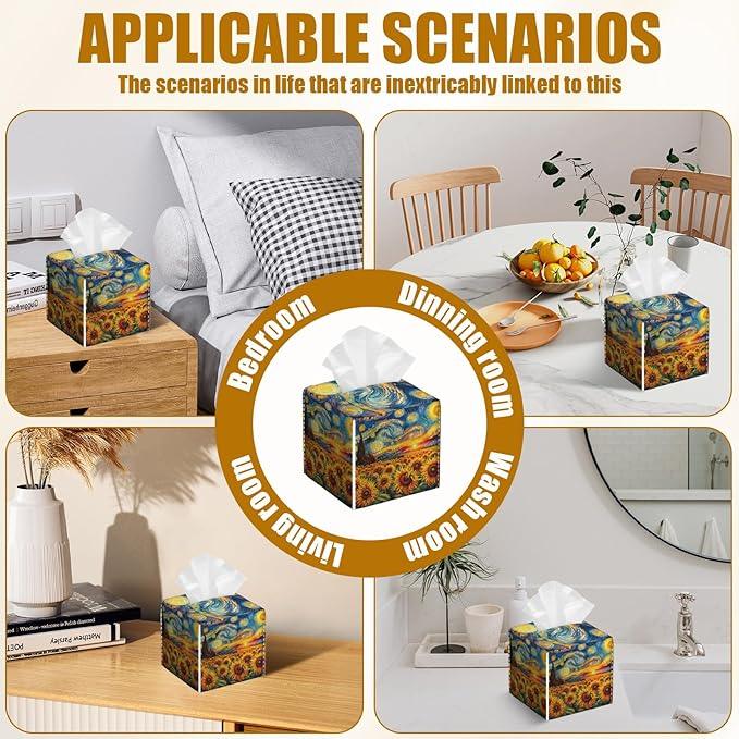 Starry Night Sunflower Tissue Box Cover 2PCS, Leather Tissue Box Holder Square Facial Paper Case Tissue Box Cube Organizer for Bathroom Bedroom Desk Office - ModernBath