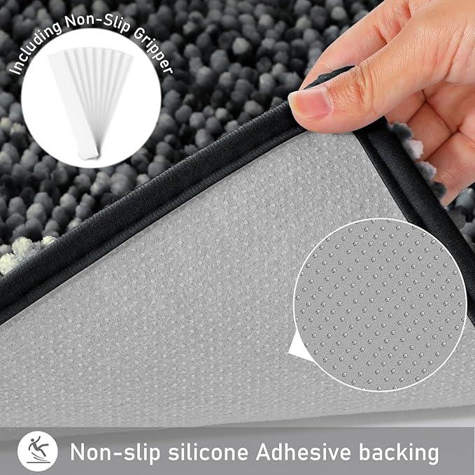 Yimobra Luxury Chenille U-Shaped Toilet Rug, Super Soft Shaggy Contour Bath Mat for Bathroom Floor, Fluffy, Water Absorbent, Non Slip, Machine Washable, Dry Quickly, 24''x 20'', Black & Dark Grey - ModernBath