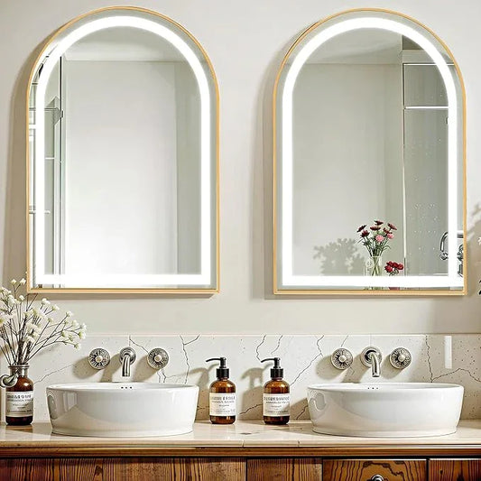 soges LED Medicine Cabinet Lighted Bathroom Mirror, 36”x24” Arched Recessed Medicine Cabinet with 2 Storage Shelves & Beveled Edge Mirror for Bathroom, Wall Mounted Mirror Cabinet, Gold - ModernBath