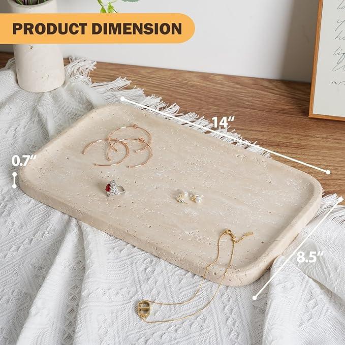 Travertine Vanity Tray, Stone Bathroom Tray for Countertop, 14'' Marble Decorative Dresser Trays, Large Serving Trays for Kitchen Counter, Storage for Kitchen Sink, Perfume, Jewelry Holder - ModernBath