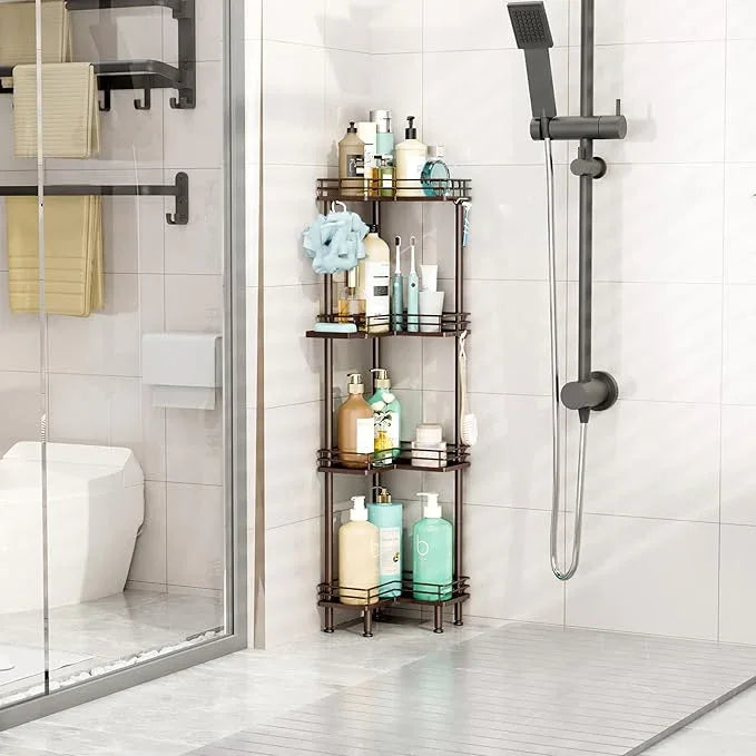 HapiRm Corner Shower Caddy Organizer - 4 Tier Shower Shelf Corner with Soap Holder, Rustproof Bathroom Standing Organizer with 4 Hooks, Bronze - ModernBath