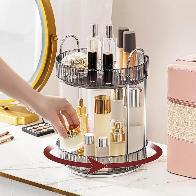 INVSSENE 360° Rotating Makeup Organizer, Bathroom Make Up Spinning Holder Rack, Large Capacity Cosmetics Storage Vanity Shelf Countertop, Fits Cosmetics, Perfume, Skincare, Lipsticks(2 Tiers, Gray) - ModernBath