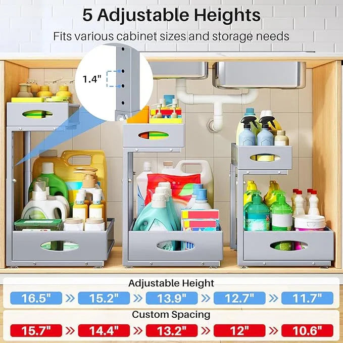 Under Sink Organizer, 2 Pack 2 Tier Pull Out Under Cabinet Organizer Shelf with Pad for Framed Cabinets, Metal Slide Out Under Sink Storage, Mesh Sliding Drawers for Kitchen Bathroom Laundry, Grey - ModernBath