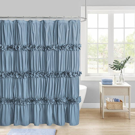 Homechoice Decor Dusty Blue Ruffle Shower Curtain, Vintage Handcrafted Bow Tie Bath Curtain for Master Bathroom, Ruched Microfiber Bathroom Curtain with 12 Buttonholes, 72" W x 72" H (LQ-10) - ModernBath