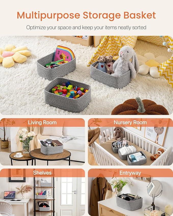 Small Woven Basket, 12 x 8 x 4.5 Inches, Storage Basket for Organizing, Cute Small Rope Shelf Closet Cube Storage Bins Baskets for Shelves, Dog Toy Gift Baskets Empty, 3 Packs, Mixed Grey - ModernBath