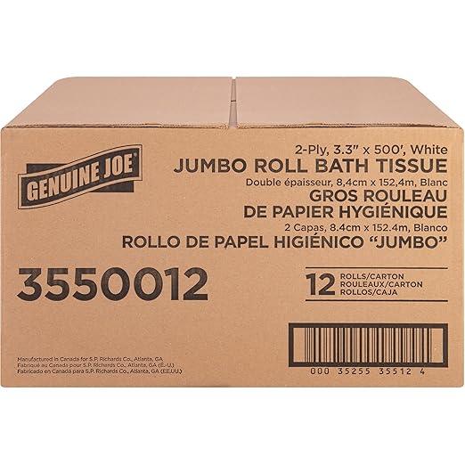 Genuine Joe Jumbo Roll Bath Tissue, 2-Ply, 3.3" x 500', White, 12 Count - ModernBath