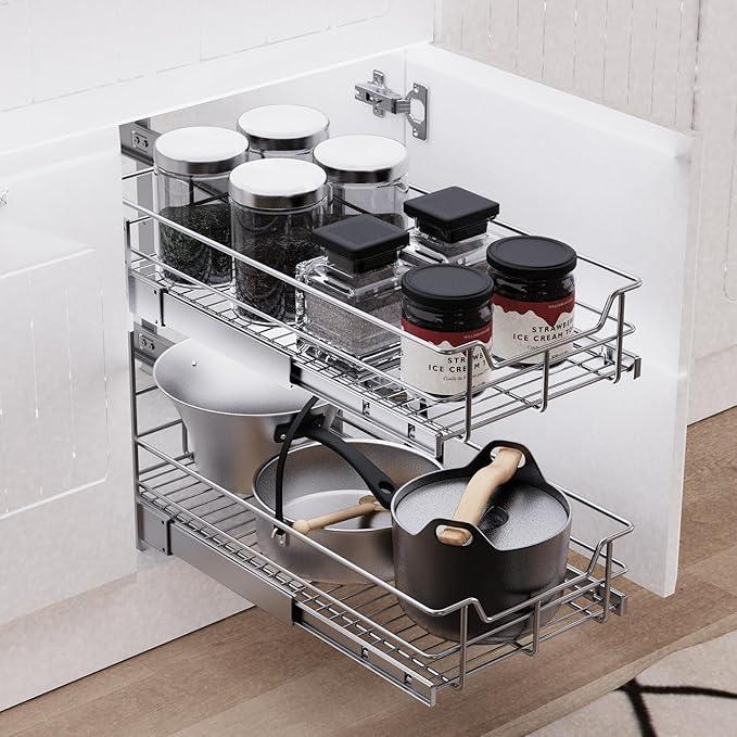 2 Tier Pull Out Cabinet Organizer 18" W X 22" D, Slide Out Drawers For Kitchen Cabinets, Pull Out Drawers For Cabinets Capacity Heavy Duty Caddy, Cabinet Pullout Shelves Chrome-Plated,Bathroom Pantry - ModernBath