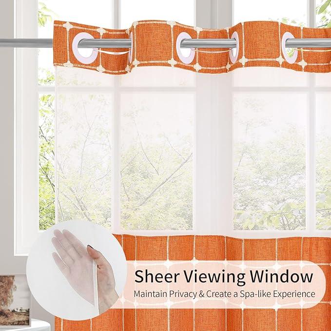 MitoVilla No Hooks Required Orange Shower Curtain with Snap-in Liner - with Window & Magnets, Boho Cotton Linen Fabric Shower Curtains with Tassels for Rustic Bathroom Decor, Burnt Orange, 72 x 74 - ModernBath