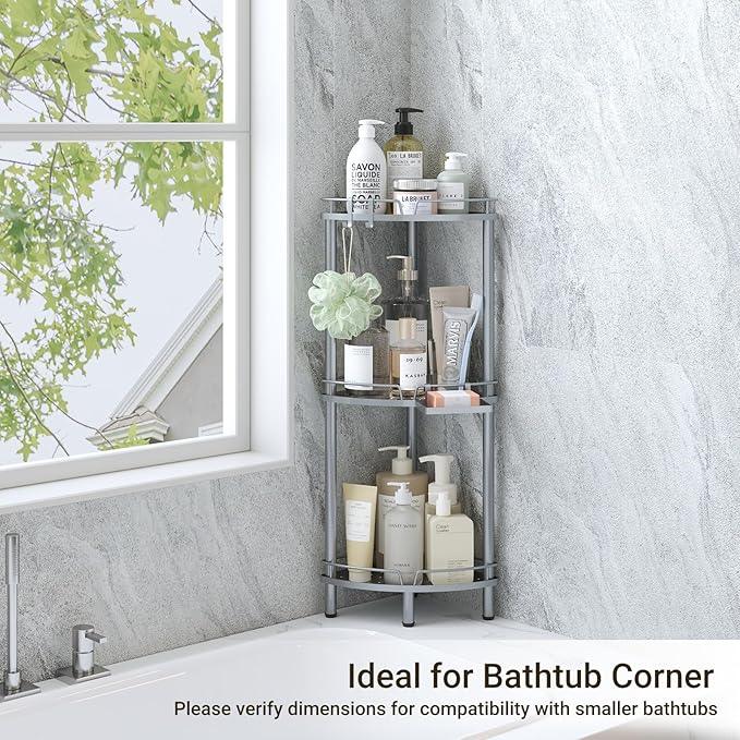 ELYKEN Corner Shower Caddy Standing, 3 Tier Rustproof Metal Shower Organizer with Soap Holder, Floor Shower Corner Shelf Rack Storage Stands with Adjustable Feet & 2 Hooks for Bathroom, Silver - ModernBath