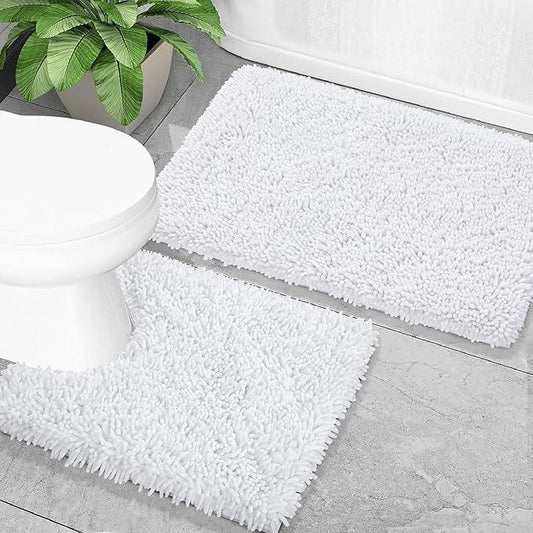 Yimobra Bathroom Rugs Sets 2 Piece, Soft Absorbent Bath Mat and U-Shaped Toilet Rug with Non Slip Backing, Luxury Shaggy Bath Mats for Bathroom, Machine Washable, 31.5"x20"+24"x20", White - ModernBath