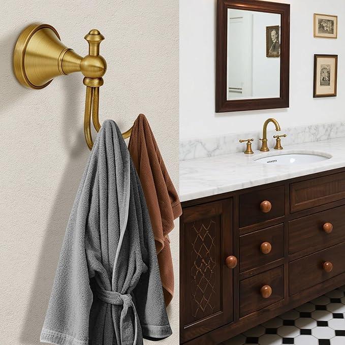 Antique Brass Towel Hook, Brass Bathroom Robe Hook, Rustic Double Towel Hooks Bath Farmhouse Coat Clothes Hook Wall Mounted for Bathroom Kitchen Washroom - ModernBath