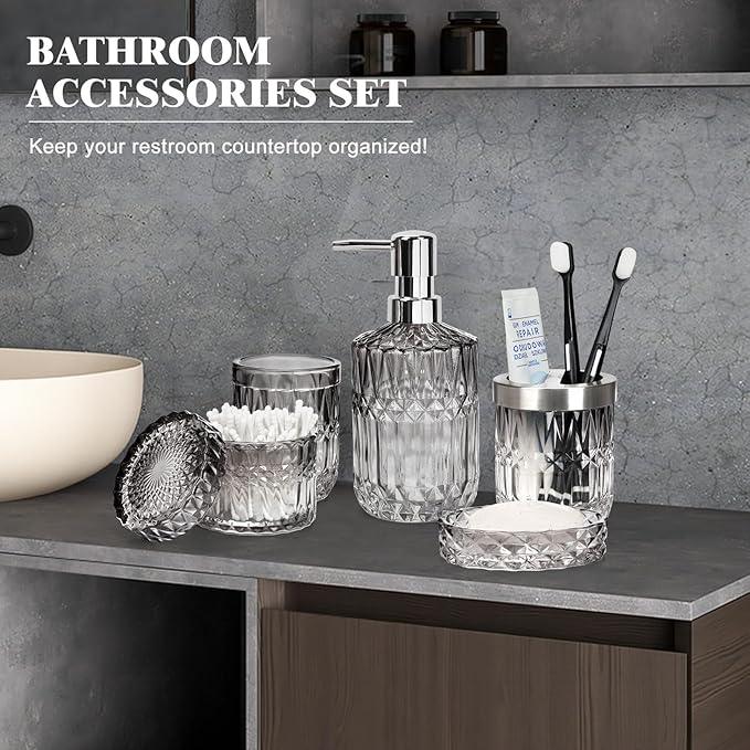 Ulable Bathroom Accessories Set, 5Pcs Bathroom Soap Dispenser Set, Glass Bathroom Accessories with Glass Soap Dispenser, Soap Dish, Toothbrush Holder, Tumbler, Cotton Swab Jar (Gradient Black & Clear) - ModernBath