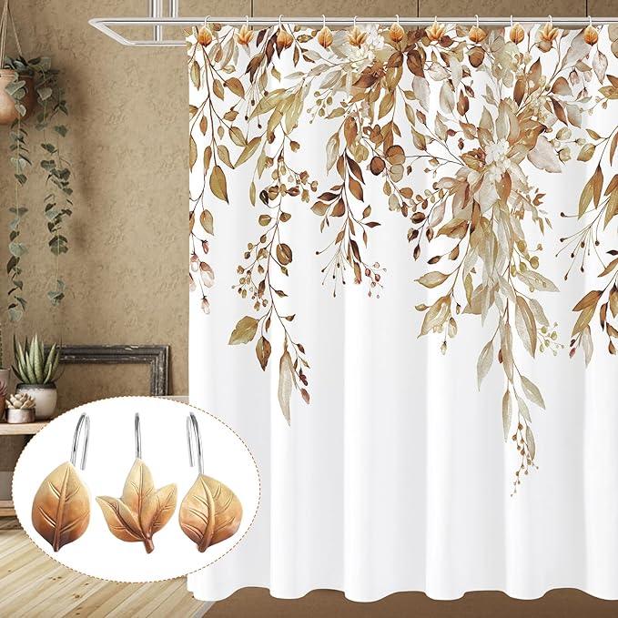 Gibelle 12PCS Leaves Shower Curtain Hooks, Brown Plant Leaf Decorative Shower Curtain Hooks Metal Rustproof Cute Eucalyptus Shower Curtain Rings Bathroom Decoration Accessories - ModernBath