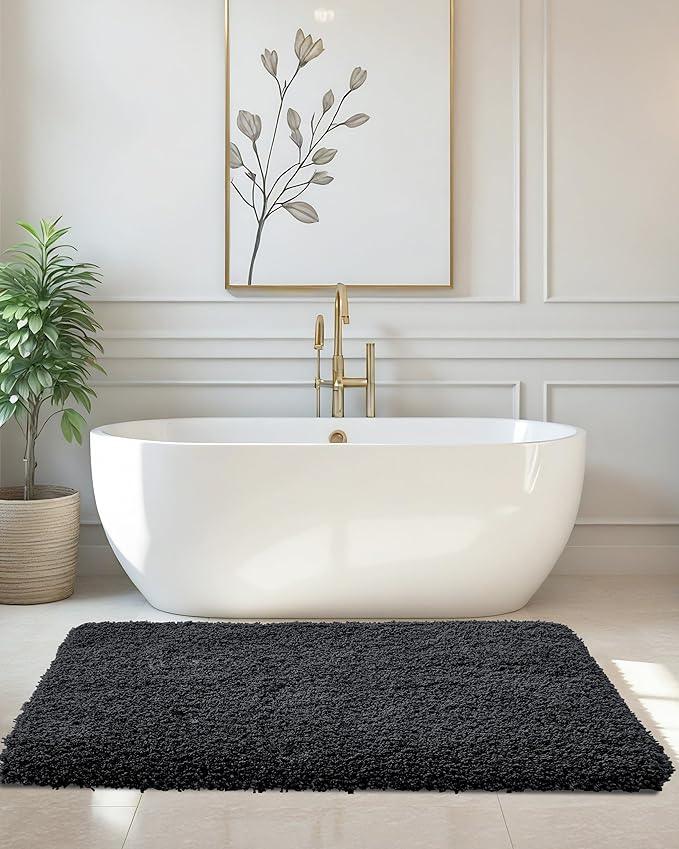 ILANGO Black Bathroom Rugs 48" × 24" Non Slip & Super Absorbent Extra Thick Soft, Washable Bath Mat for Floor, Microfiber Plush Shaggy Bath Rug with Rubber for Bathtub Shower Room Sink - ModernBath