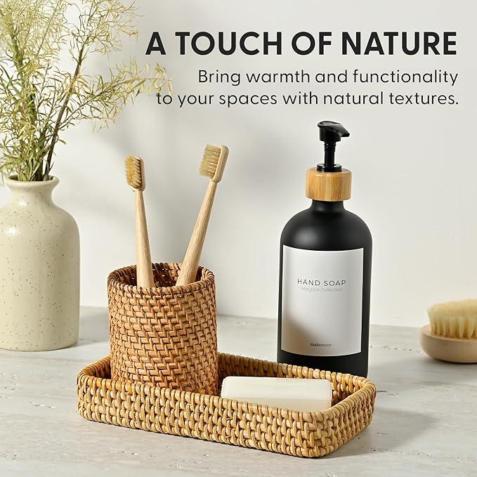 MaisoNovo Rattan Bathroom Set - Black Countertop Dispenser, Toothbrush Holder & Toothpaste Cup with Tray - Set of 3 - Rattan Bathroom Vanity Trays Rectangle for Storage - ModernBath