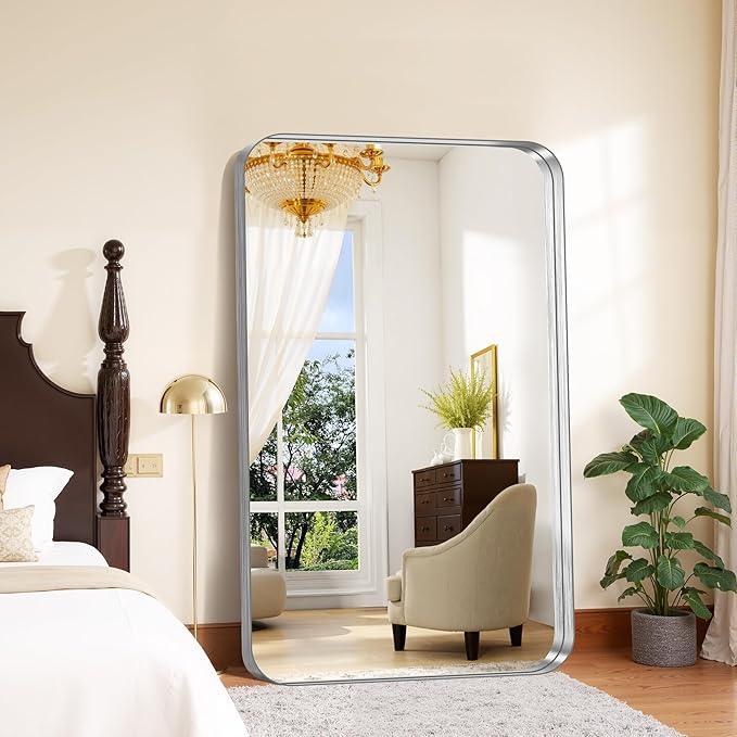 FORBATH 60x36 Inch Large Bathroom Mirror for Double Sinks, Brushed Silver Deep Frame Wall Mirror with Rounded Corners, Anti-Rust Tempered Glass for Modern Farmhouse Vanity (Horizontal/Vertical) - ModernBath