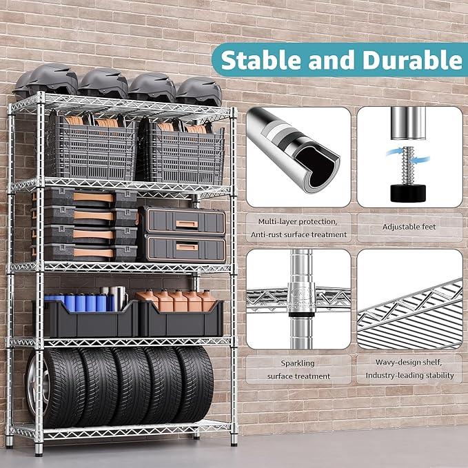 1750 LBS Storage Shelves 5-Tier Utility Shelving Unit Steel Organizer Wire Rack for Home,Kitchen,Office,Garage, Capacity 17.7" D x 47.2" W x 72.3" H | Organizer Wire Rack, for Home, Kitchen, Office, Garage, 1750 LBS Capacity - ModernBath