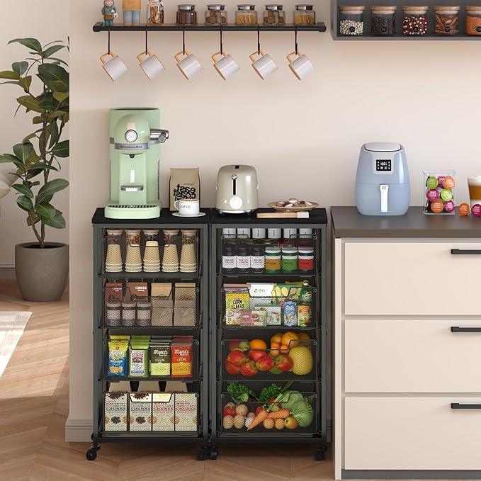 4-Tier Fruit Vegetable Storage Cart - Kitchen Organizer and Storage Cart with Wheels, Wooden Top Metal Wire Fruit Vegetable Rack Stand with Drawers to Storage Cans Snacks for Kitchen(Patent Pending) - ModernBath