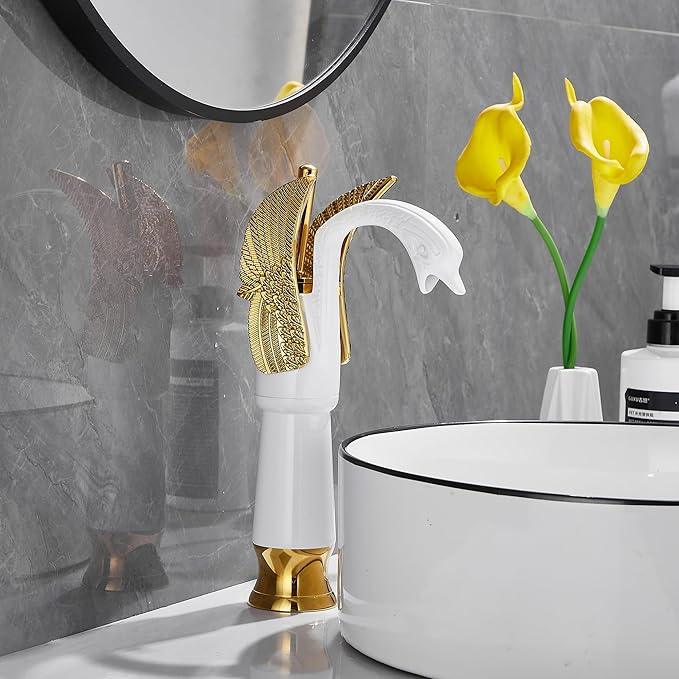 GGStudy Swan Shape Single Handle 1Hole Bathroom Vessel Sink Faucet Deck Mount Lavatory Sink Faucet Gold Mixed White - ModernBath