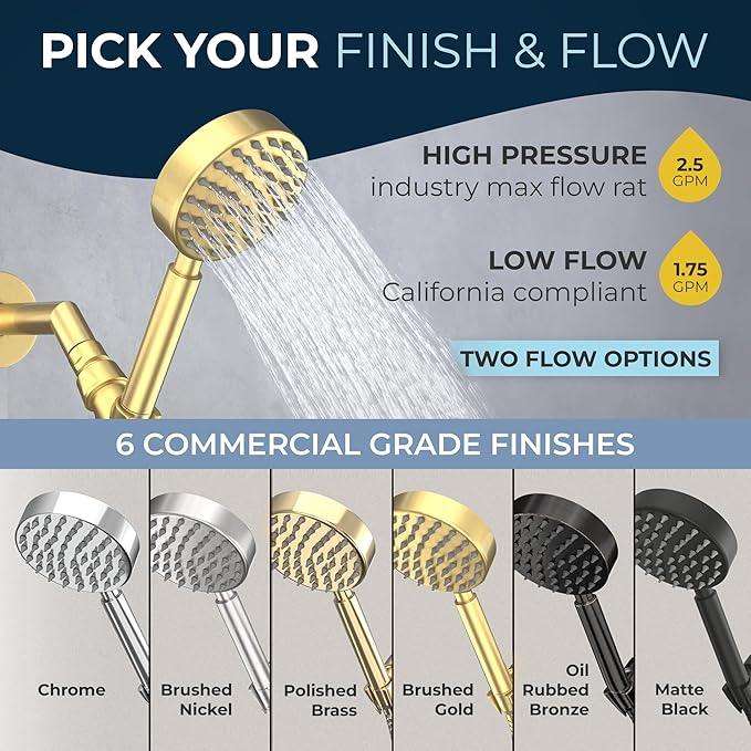 HammerHead Showers® Solid Metal LOW FLOW Handheld Shower Head with Hose and Brass Holder - POLISHED BRASS – Water Saving 1.75 GPM Detachable Shower Head - Adjustable Shower Wand Bracket & 6ft Hose - ModernBath