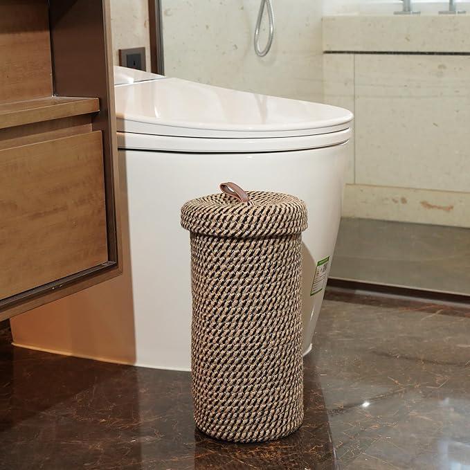 Handmade Cotton & Jute Toilet Paper Holder – Woven Toilet Paper Stand & Storage Basket with Lid, Freestanding Organizer for Bathroom, Fits 3 Rolls - ModernBath