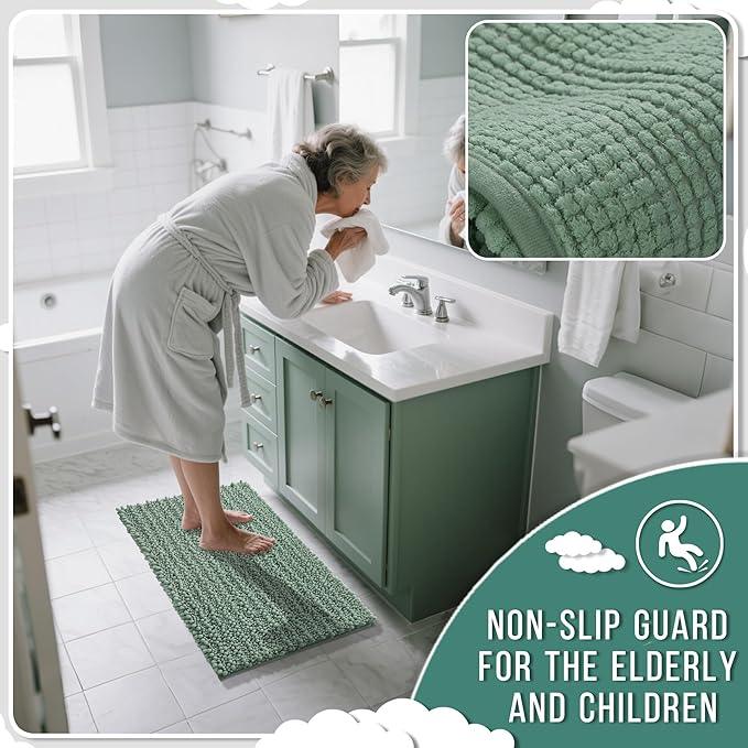 Yimobra Bathroom Runner Rug 70x24 Inch - Extra Long Non Slip Chenille Bath Mat, Soft & Absorbent, Machine Washable Shaggy Hallway Carpet for Vanity Tub Shower, Green Home Decor Accessories - ModernBath