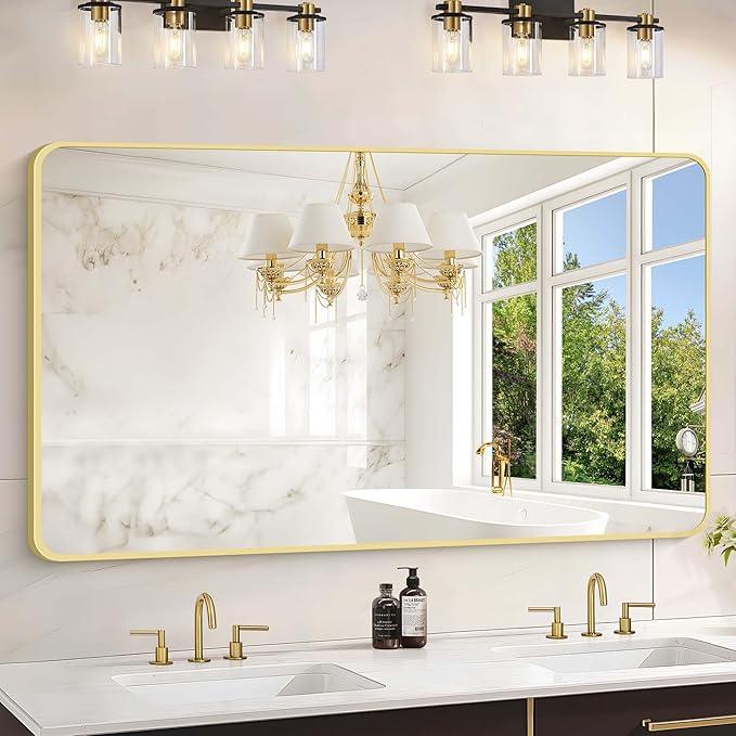 CIVENO 55"x30" Gold Bathroom Mirror, Large Rectangle Mirror, Rectangular Wall Mirror, Rounded Corner Vanity Mirror with Aluminum Metal Frame for Bathroom Bedroom Living Room Horizontal/Vertical - ModernBath
