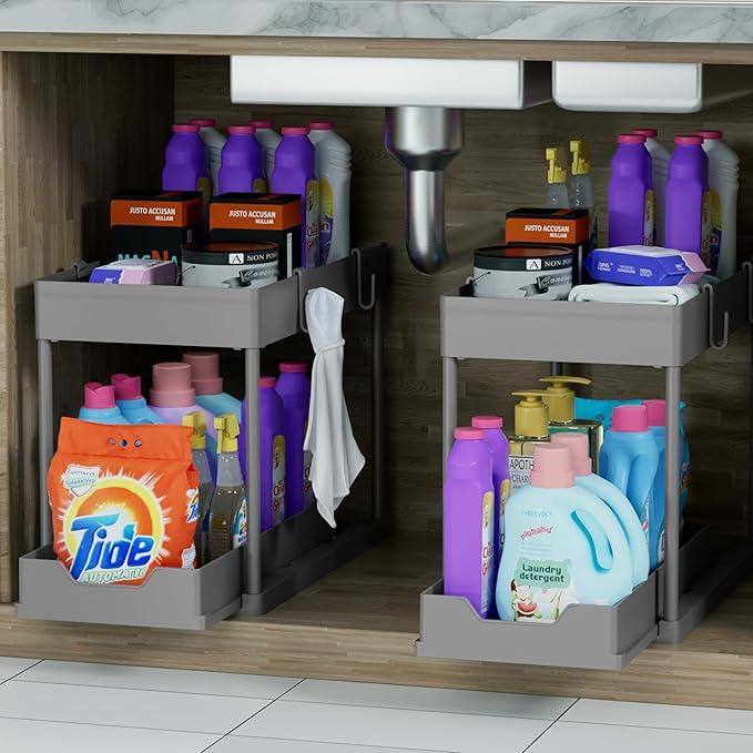 DEKAVA Under Sink Organizer 2 Pack，Bathroom Cabinet Organizer，2 Tier Sliding Cabinet Basket Organizer Drawer, Multi-Purpose Bath Collection Baskets for Bathroom (Grey) - ModernBath