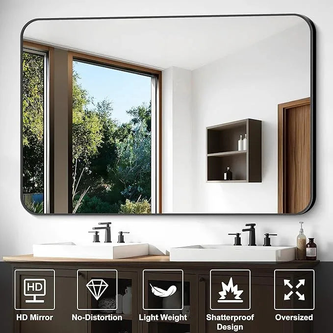 CIVENO Large Bathroom Mirror, 60 x 40 inch Black Rectangle Mirror, Metal Framed Rectangular Vanity Mirror, Rounded Corner Wall Mounted Mirror for Over Sinks Bedroom Living Room Horizontal/Vertical - ModernBath