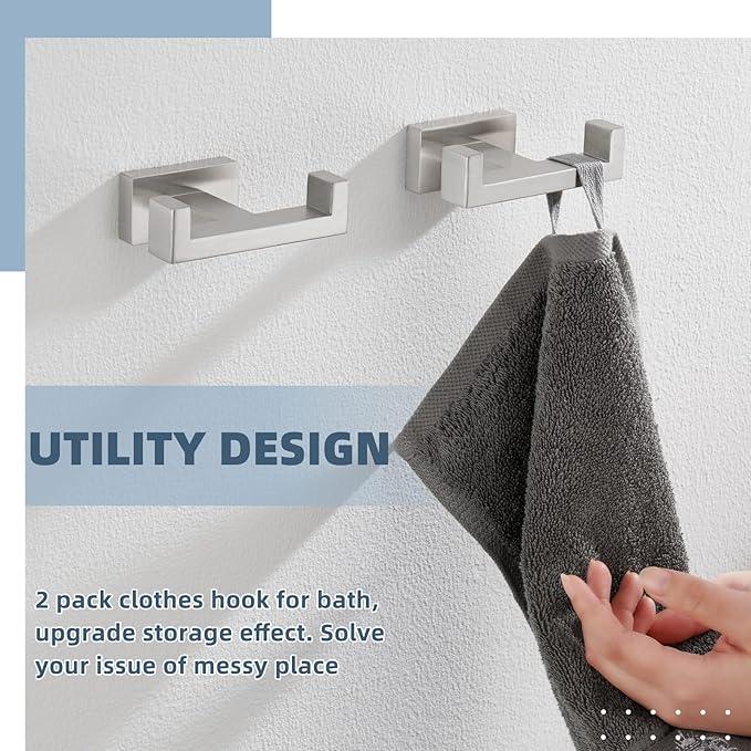 APLusee Double Bath Towel Hook 2 Pack, 304 Stainless Steel Square Dual Coat Holder, Modern Bathroom Kitchen Storage Hanger Wall Mounted, Brushed Nickel - ModernBath