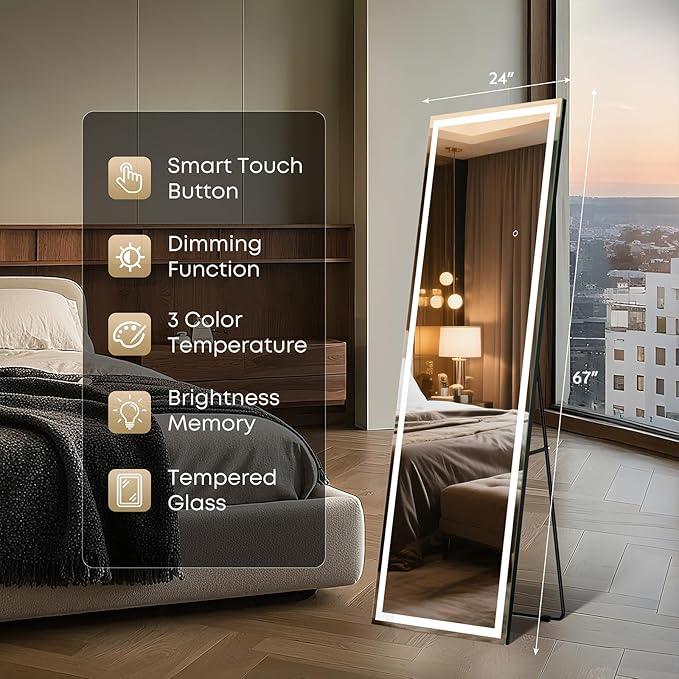 Kosmonia 67x24 Frameless Full Length Mirror, Dimmable 3 Color LED Light w/Memory Function, Distortion Free, HD Reflection & Anti Desilvering, Tempered Glass & Shatter Proof Film Doubling Safety - ModernBath