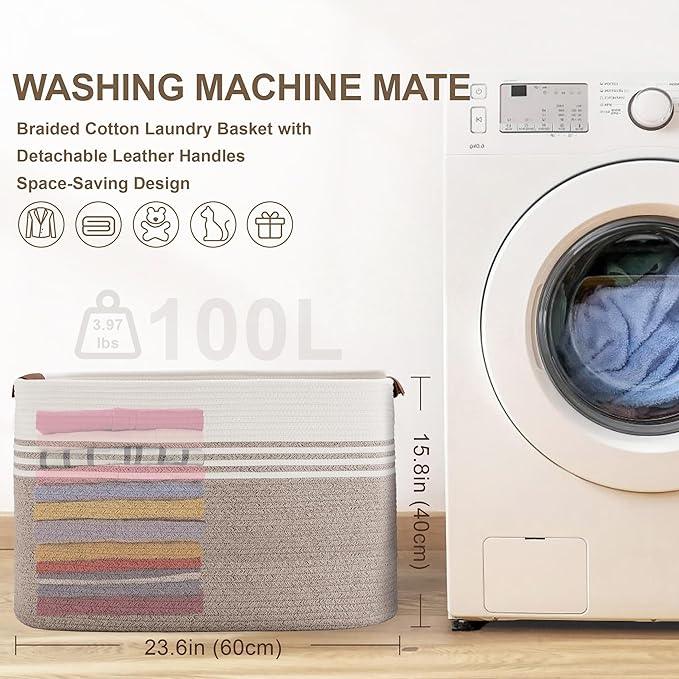 100L Extra Large Laundry Basket with Leather Handles for Living Room Storage, Woven Rope Baskets for Blanket, Kids Toy, Gifts, Wicker Hamper for Bedroom Dirty Clothes, 24"x16"x16" White Brown - ModernBath