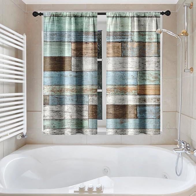 Culudea Wood Rustic Vintage Blue Brown Waffle Textured Cloth Shower Curtain Set, Farmhouse Retro Bathroom Window Waterproof Shower Curtains for Bathroom Decor - ModernBath