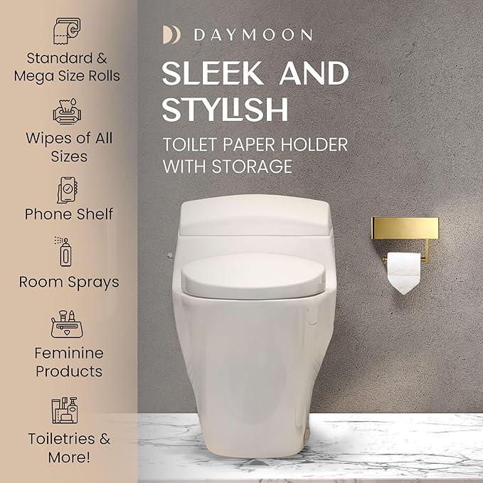 Day Moon™ Brushed Gold Toilet Paper Holder with Shelf, Wipe Holder for Bathroom Flushable Wipes Dispenser, Toilet Paper and Wipes Holder, Toilet Paper Holder with Storage - ModernBath