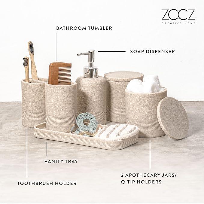 ZCCZ Beige Bathroom Accessories Set 6 Pieces - Toothbrush Holder, Lotion Dispenser, Qtip Container, Vanity Tray, Tumbler - Countertop Organizer for Bathrooms - Elegant and Functional Décor Set - ModernBath
