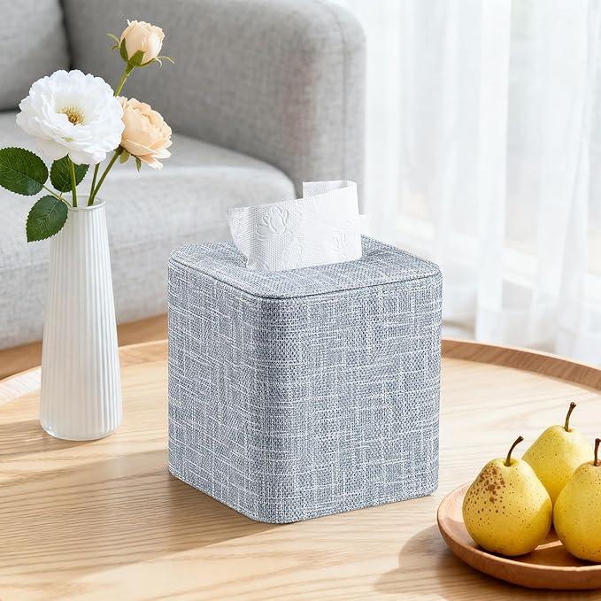 Cretkhp Square Tissue Box Cover with Magnetic Closure, Modern PU Leather Tissue Box Holder for Bathroom Vanity Countertop Night Stands Bedroom Office Desk, Stylish Cube Tissue Holder (Blue) - ModernBath