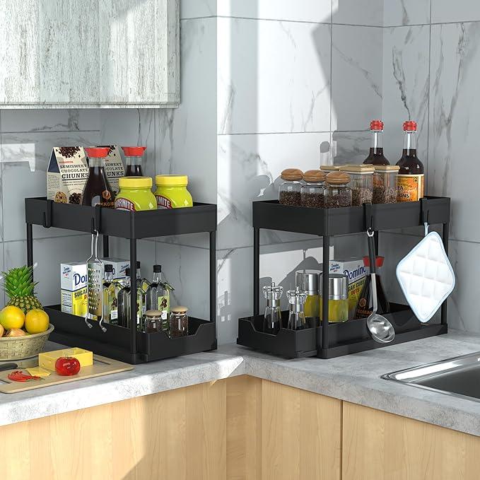 DEKAVA Under Sink Organizer 2 Pack, Bathroom Cabinet Organizer, 2 Tier Sliding Cabinet Basket Organizer Drawer, Multi-Purpose Bath Collection Baskets for Bathroom (Black) - ModernBath