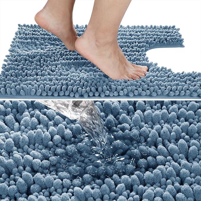 Yimobra Toilet Rug U Shaped Washable 24x20 Inch - Ultra Soft Absorbent Chenille Bath Rugs for Toilet, Quick Dry & Machine Washable, Non Slip Contour Bathroom Mat, Denim Blue - ModernBath