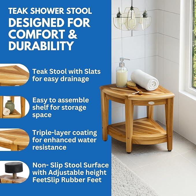 EcoDecors Fully Assembled SnazzyCorner® 18" Teak Shower Bench, Corner Shower Stool, w Shelf in Earthy Teak Finish, Compact Fit for Small Bathrooms & Walk-in Showers – Slip-Resistant Feet - ModernBath